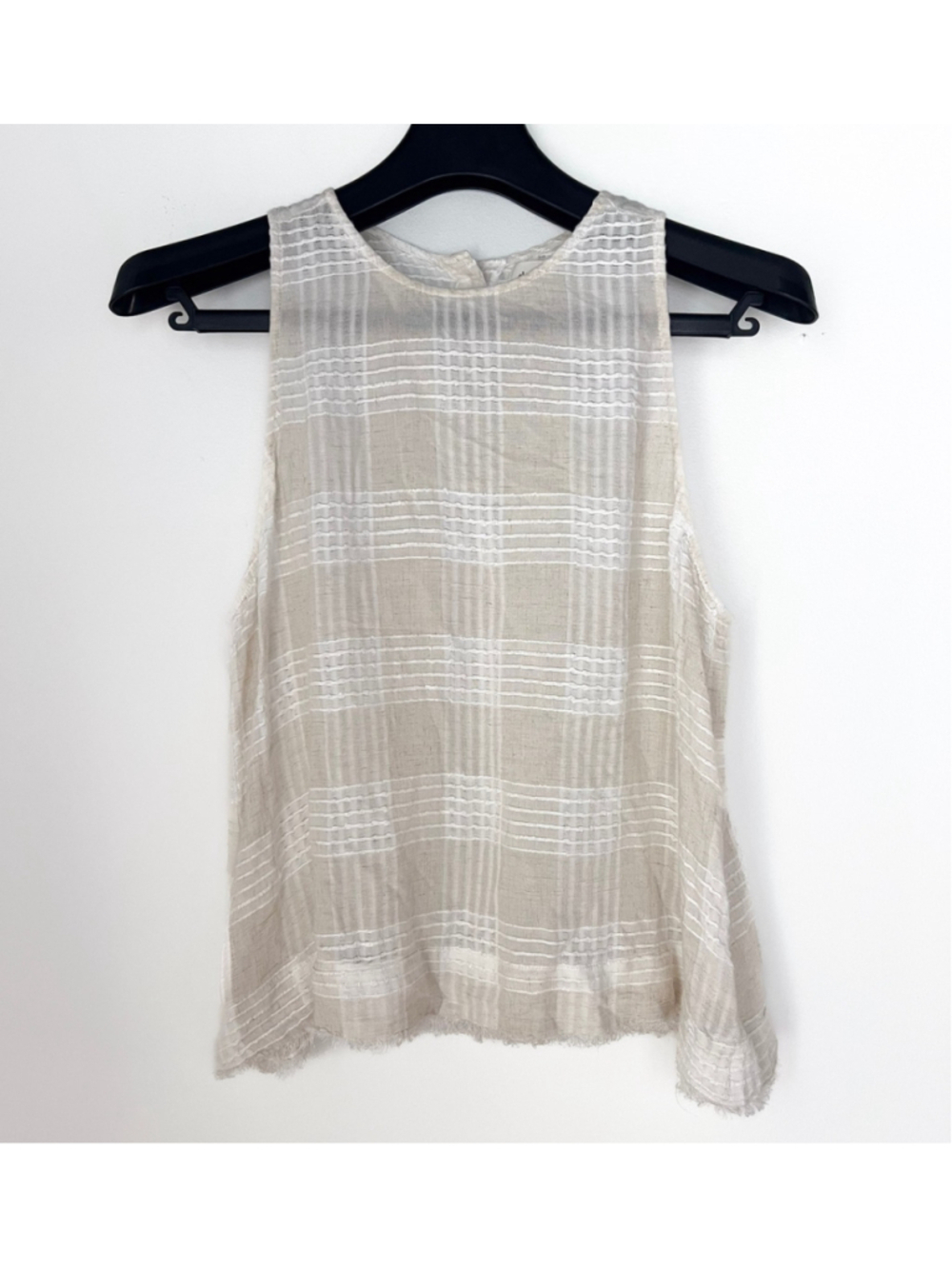 Anthropologie Cloth & Stone Sz XS Linen Blend Beige White Plaid Tank Top Fringe